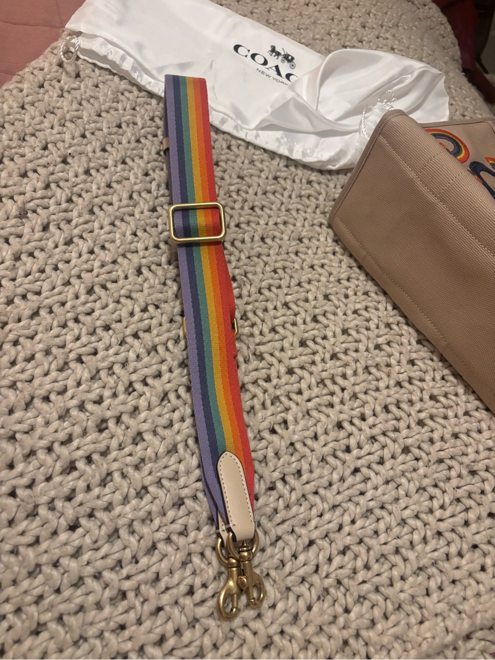 Coach Beige Canvas Tote with Rainbow Appliqués and Striped Strap - Picture 9 of 11